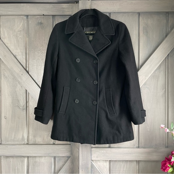 Eddie Bauer Women's Black Wool Peacoat‎ Jacket Winter Warm Anchor Buttons Small - Picture 1 of 6